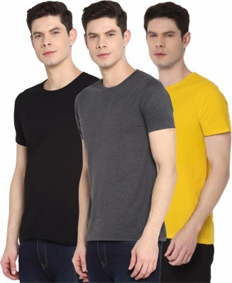 Novopool Solid Men Round Neck Black, Grey, Yellow T-Shirt