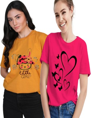 RUBYKNITS Printed Women Round Neck Yellow, Pink T-Shirt