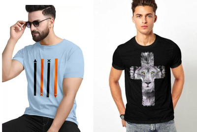 Majexic Printed Men Round Neck Black, Light Blue T-Shirt