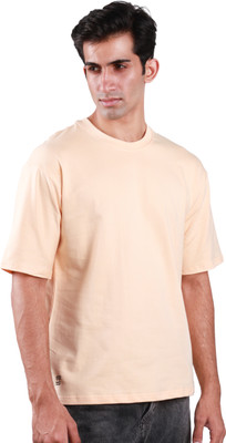 Freedom Fits Solid Men Round Neck Beige T-Shirt