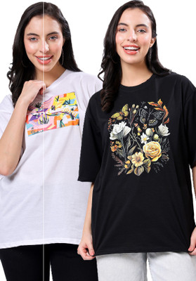 TQH Graphic Print Women Round Neck Multicolor T-Shirt