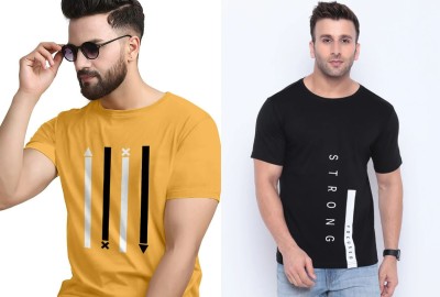 MUUNKTY Printed Men Round Neck Yellow, Black T-Shirt