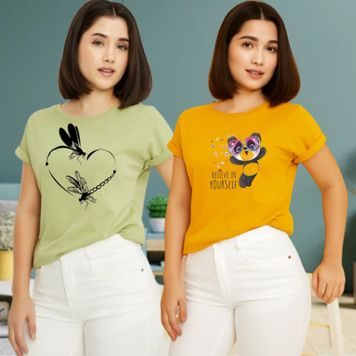 Kintu Parantu Printed Women Round Neck Green, Yellow T-Shirt