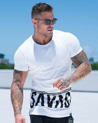 BUKKL Striped, Printed, Typography Men Round Neck White T-Shirt
