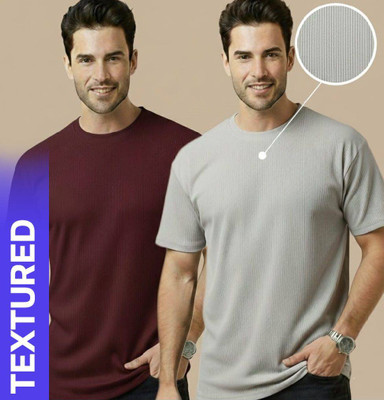 Fashion Globe Self Design Men Maroon, Grey T-Shirt