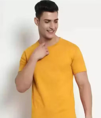 At Last Fashion Solid Men Round Neck Yellow T-Shirt