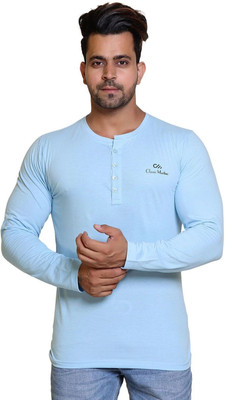 Classic Martino Self Design Men Henley Neck Light Blue T-Shirt
