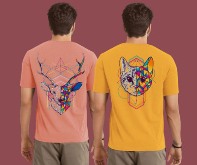 Kintu Parantu Printed Men Round Neck Pink, Yellow T-Shirt