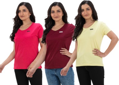 STYLE AK Solid Women Round Neck Pink, Maroon, Yellow T-Shirt
