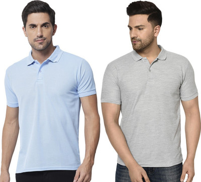 ACENTEO Solid Men Polo Neck Light Blue, Grey T-Shirt