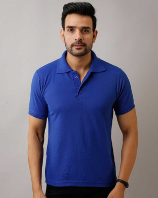 INKKR Solid Men Polo Neck Blue T-Shirt