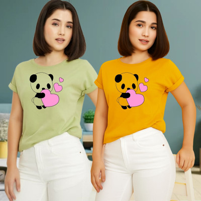 Kintu Parantu Printed Women Round Neck Green, Yellow T-Shirt