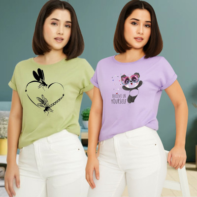 Kintu Parantu Printed Women Round Neck Green, Purple T-Shirt