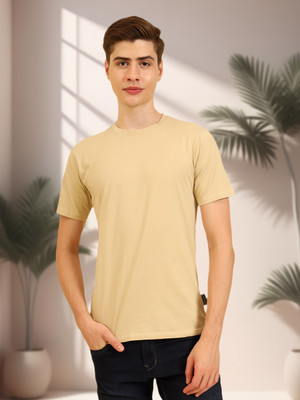 UNIQSOME Solid Men Round Neck Beige T-Shirt