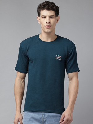 Majexic Solid Men Round Neck Dark Blue T-Shirt