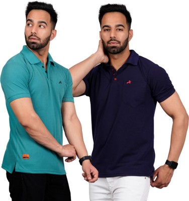 addiz Solid Men Polo Neck Green, Blue T-Shirt