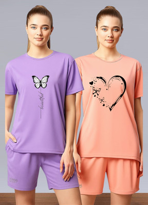 Moldify Graphic Print Women Round Neck Purple, Pink T-Shirt