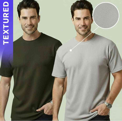 Fashion Globe Self Design Men Dark Green, Grey T-Shirt