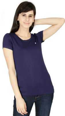 Feather Feel Solid Women Round Neck Dark Blue T-Shirt