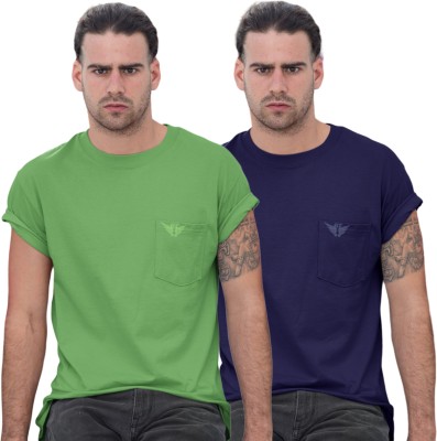 BelloToko Solid Men Round Neck Light Green, Navy Blue T-Shirt