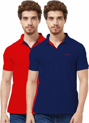 TAB91 Solid Men Polo Neck Navy Blue, Red T-Shirt