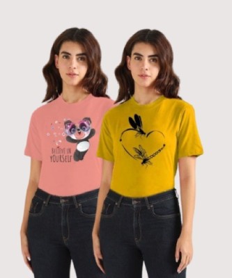 Lecowar Printed Women Round Neck Pink, Yellow T-Shirt