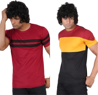 Meetri Colorblock Men Round Neck Maroon, Yellow T-Shirt