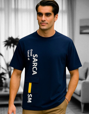 Autna Printed Men Round Neck Navy Blue T-Shirt