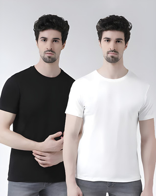 Solid Men White, Black T-Shirt(Pack of 2)