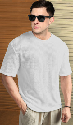 MXN Self Design Men Round Neck Grey T-Shirt
