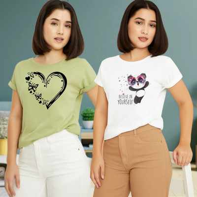 Kintu Parantu Printed Women Round Neck Green, White T-Shirt