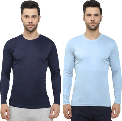 HouseOfCommon Solid Men Round Neck Navy Blue, Light Blue T-Shirt