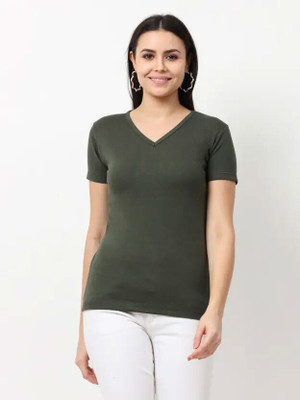 HouseOfCommon Solid Women V Neck Green T-Shirt