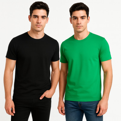 Amigos Solid Men Round Neck Black, Dark Green T-Shirt