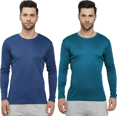 HouseOfCommon Solid Men Round Neck Dark Blue, Dark Green T-Shirt