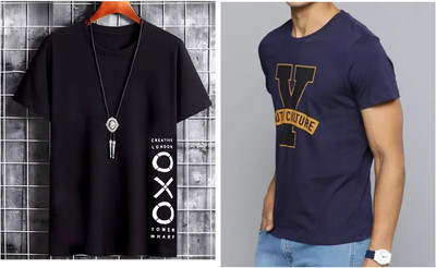 Pachirisu Printed Men Round Neck Black, Navy Blue T-Shirt