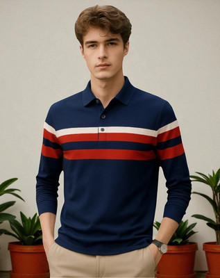 FASHIUM Solid Men Polo Neck Navy Blue T-Shirt