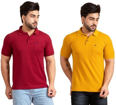 addiz Solid Men Polo Neck Maroon, Yellow T-Shirt