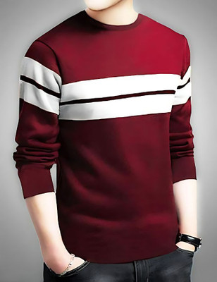 Autna Striped Men Round Neck Maroon T-Shirt