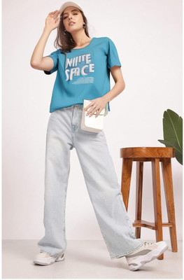 MACK JONNEY Printed Women Round Neck Blue T-Shirt