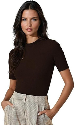 HouseOfCommon Self Design Women Round Neck Brown T-Shirt