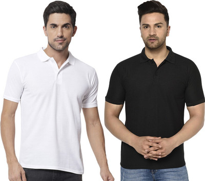 ACENTEO Solid Men Polo Neck White, Black T-Shirt