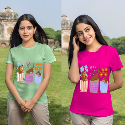 Parona Printed Women Round Neck Green, Pink T-Shirt