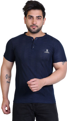James Hamilton Self Design Men Mandarin Collar Dark Blue T-Shirt