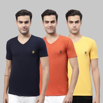 VIMAL JONNEY Solid Men V Neck Yellow, Orange, Navy Blue T-Shirt