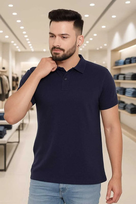 KETEX Solid Men Polo Neck Navy Blue T-Shirt