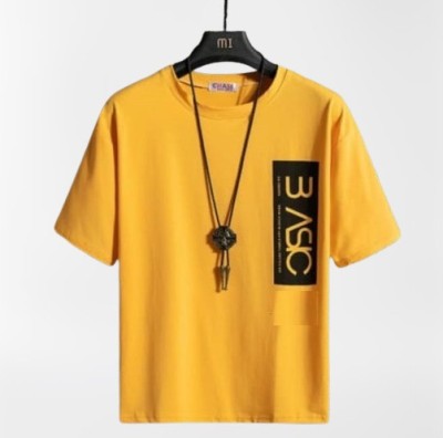 fashion globe Typography Men Round Neck Yellow T-Shirt