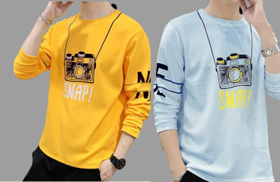 Printed Men Orange, Blue T-Shirt(Pack of 2)