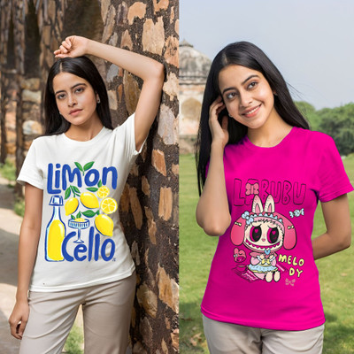 Lecowar Graphic Print Women Round Neck White, Pink T-Shirt