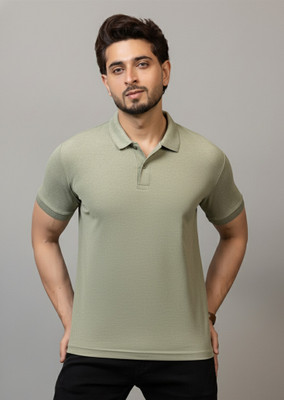 RosyRains Striped Men Polo Neck Green T-Shirt